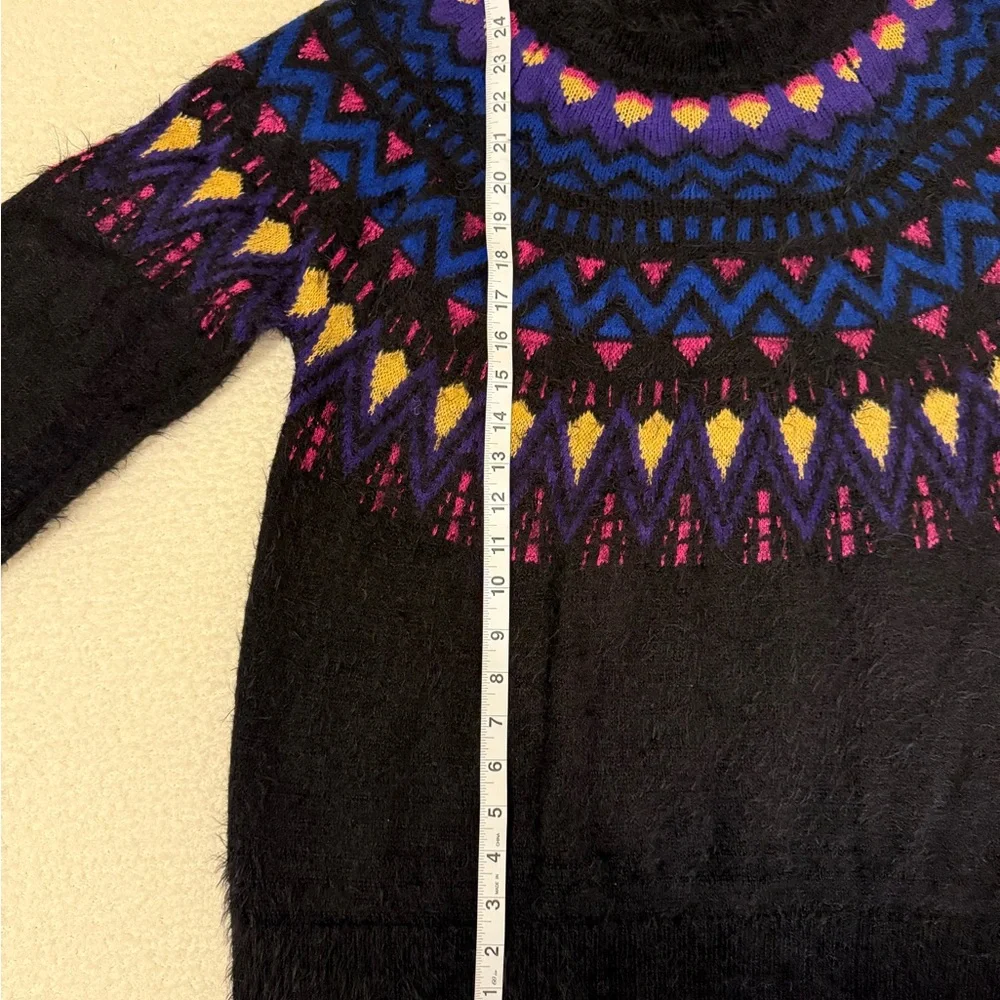 Fuzzy Fair Isle Pullover Women’s Sweater - Black with Purple Pink Gold & Blue - Picture 4 of 6